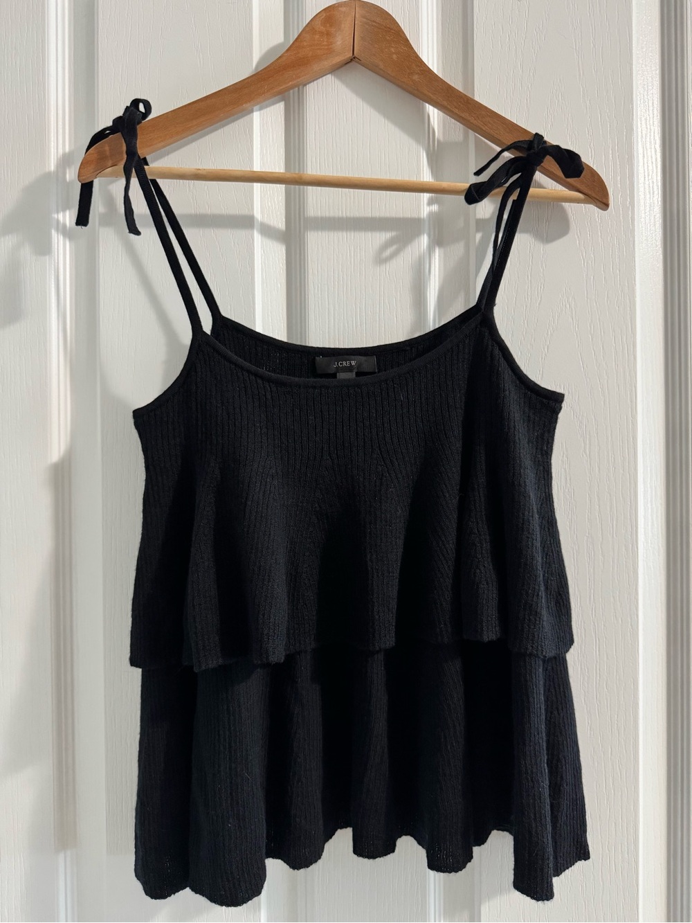Women’s J. Crew Black Tiered Tie-Strap Knit Tank Top 100% Merino Wool Size Small